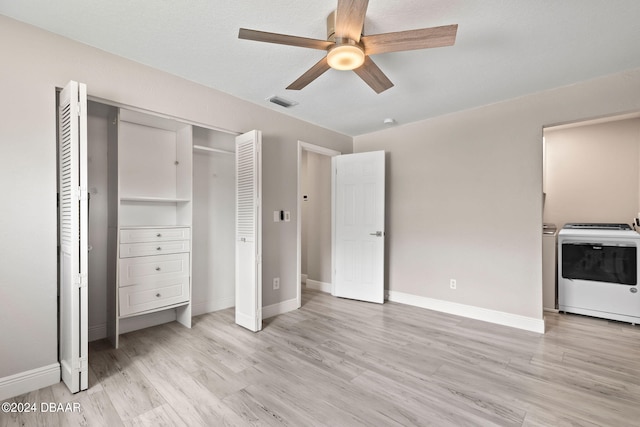 unfurnished bedroom featuring ceiling fan and light wood-type flooring