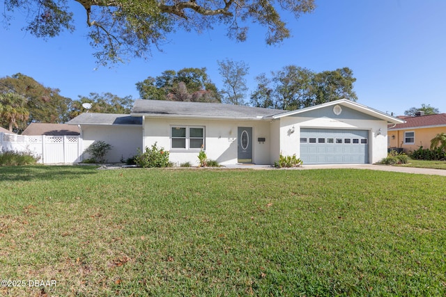 ranch-style house with a front lawn and a garage