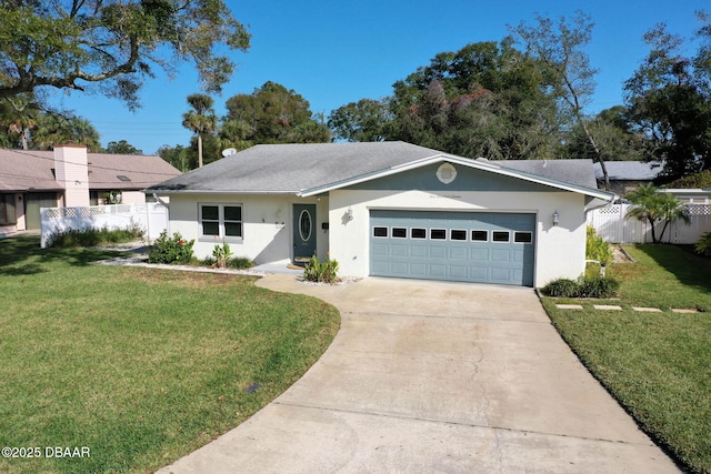 ranch-style home featuring a garage and a front lawn