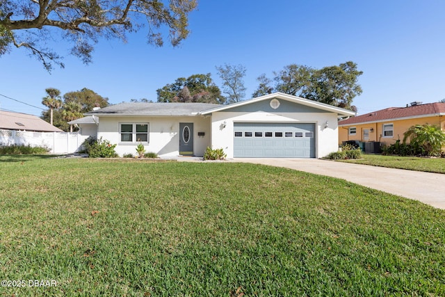 ranch-style house featuring central air condition unit, a front yard, and a garage