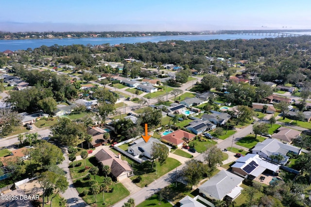 drone / aerial view featuring a water view