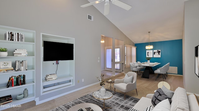 carpeted living area with baseboards, visible vents, built in features, a ceiling fan, and high vaulted ceiling