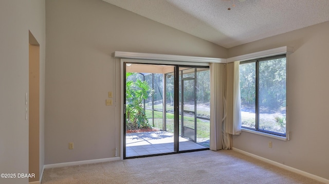 interior space with vaulted ceiling and a textured ceiling