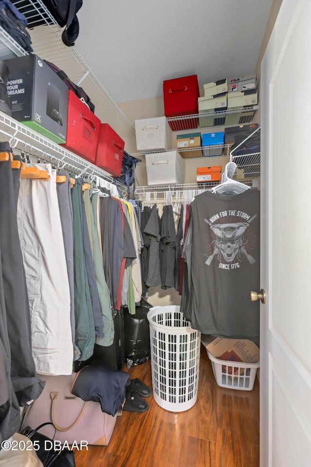 walk in closet with hardwood / wood-style floors