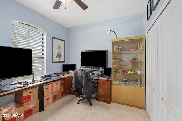 carpeted office featuring ceiling fan