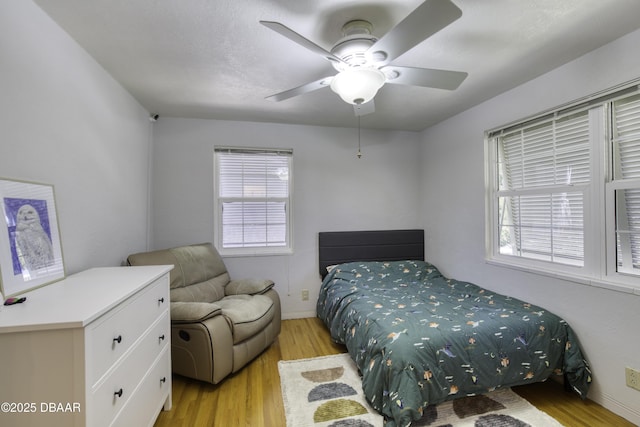 bedroom featuring ceiling fan and light wood finished floors