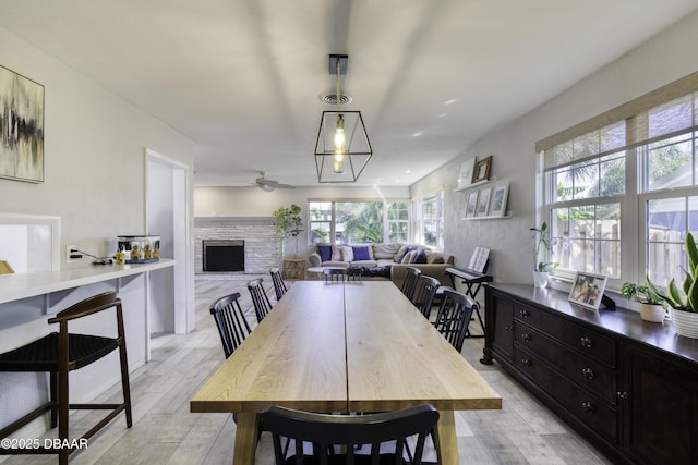 dining area with ceiling fan, a fireplace, and light wood finished floors