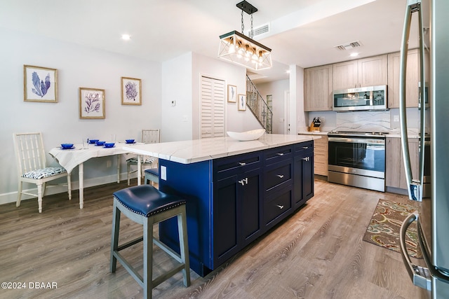 kitchen with light hardwood / wood-style floors, a center island, decorative backsplash, hanging light fixtures, and appliances with stainless steel finishes