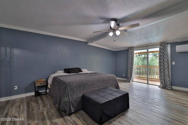 180 Willow Run, Ormond Beach, FL 32174 - bedroom featuring a wall mounted air conditioner, access to outside, a textured ceiling, wood finished floors, and baseboards