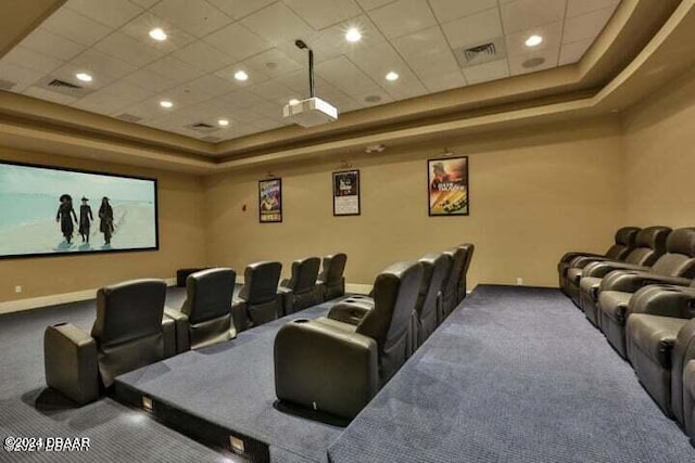 carpeted cinema room with a tray ceiling