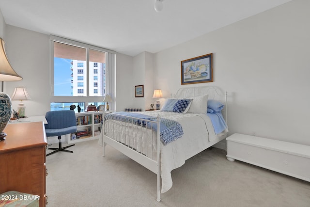 bedroom with light colored carpet