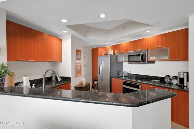 kitchen with appliances with stainless steel finishes, dark stone counters, a raised ceiling, and kitchen peninsula