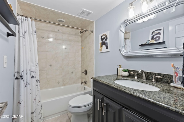 full bathroom with tile patterned flooring, vanity, toilet, and shower / tub combo with curtain