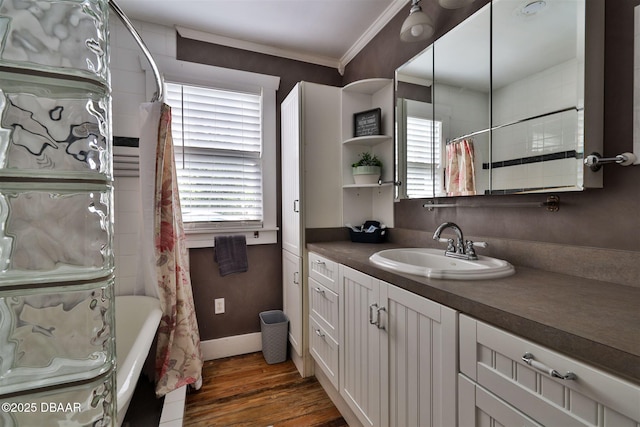 bathroom with plenty of natural light, wood finished floors, vanity, and ornamental molding