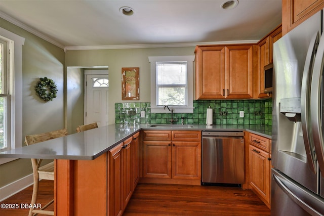 kitchen featuring tasteful backsplash, a peninsula, stainless steel appliances, and a sink