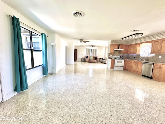 kitchen featuring white range with electric stovetop, a ceiling fan, visible vents, and stainless steel dishwasher