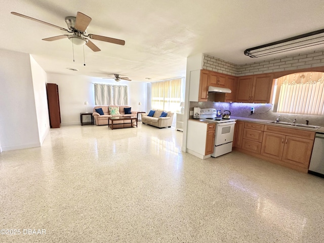 kitchen featuring under cabinet range hood, ceiling fan, electric stove, dishwasher, and a sink