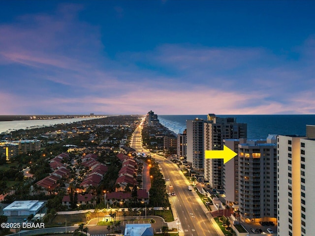 aerial view featuring a city view and a water view