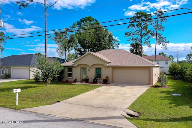 129 Rae Dr, Palm Coast, FL 32164 - ranch-style house with stucco siding, an attached garage, a front lawn, concrete driveway, and a shingled roof