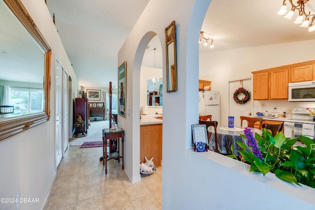 129 Rae Dr, Palm Coast, FL 32164 - hall featuring arched walkways, a textured ceiling, lofted ceiling, and rail lighting