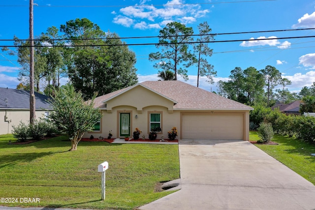 129 Rae Dr, Palm Coast, FL 32164 - single story home with stucco siding, an attached garage, a front yard, concrete driveway, and a shingled roof