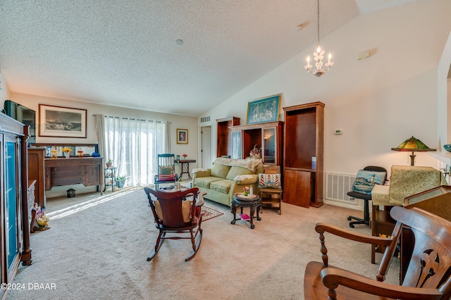 129 Rae Dr, Palm Coast, FL 32164 - living room with vaulted ceiling, carpet, a textured ceiling, and a chandelier