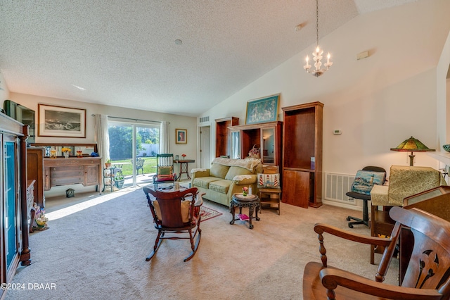 129 Rae Dr, Palm Coast, FL 32164 - living area with lofted ceiling, a textured ceiling, carpet, a chandelier, and wainscoting