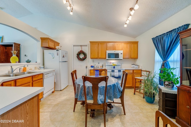 129 Rae Dr, Palm Coast, FL 32164 - kitchen featuring white appliances, vaulted ceiling, rail lighting, a textured ceiling, and light countertops