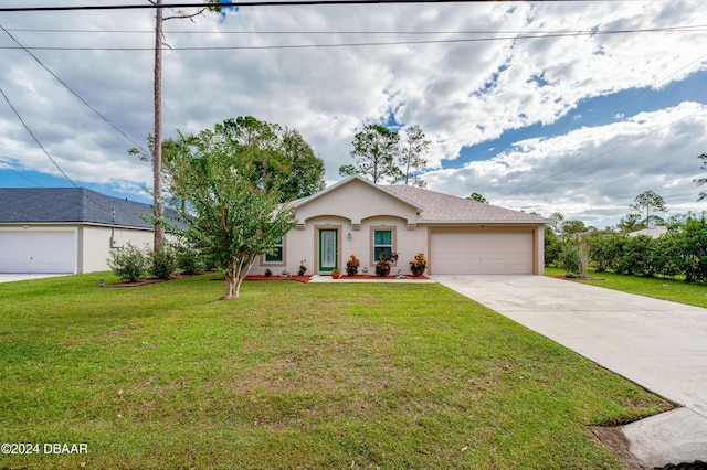 129 Rae Dr, Palm Coast, FL 32164 - ranch-style home featuring stucco siding, driveway, a garage, and a front yard