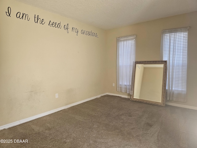 spare room featuring carpet flooring, baseboards, and a textured ceiling