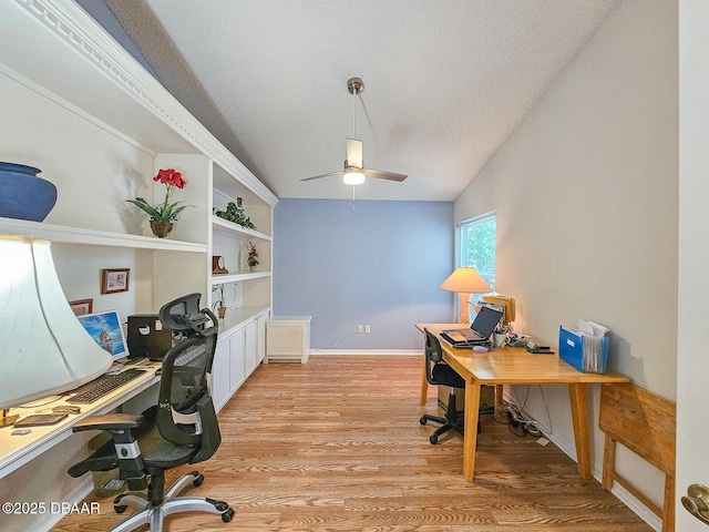900 Smokerise Blvd, Port Orange, FL 32127 - office with ceiling fan, light wood-style floors, a textured ceiling, built in shelves, and baseboards