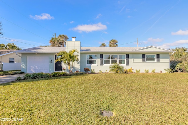 ranch-style home featuring a garage, driveway, a chimney, and a front lawn