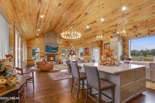 kitchen featuring wood ceiling, a center island, decorative light fixtures, and gray cabinets