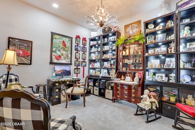 carpeted office space with a notable chandelier