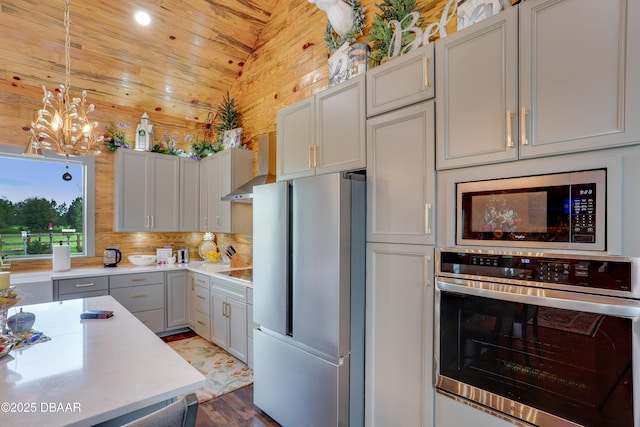 kitchen with wall chimney range hood, gray cabinets, appliances with stainless steel finishes, decorative backsplash, and decorative light fixtures