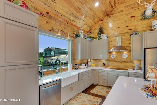 kitchen with lofted ceiling, wall chimney exhaust hood, sink, wooden ceiling, and stainless steel appliances