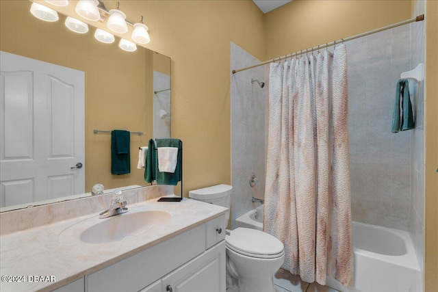 full bathroom featuring tile patterned floors, vanity, toilet, and shower / bathtub combination with curtain