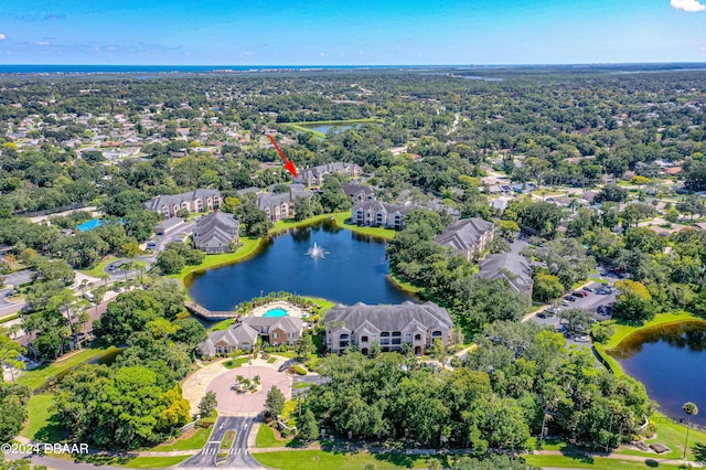 aerial view featuring a water view