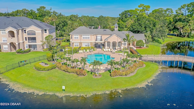 drone / aerial view featuring a water view