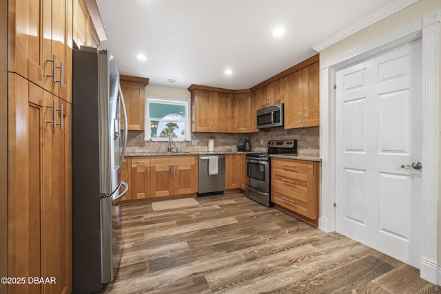 kitchen featuring sink, appliances with stainless steel finishes, light stone counters, tasteful backsplash, and dark hardwood / wood-style flooring