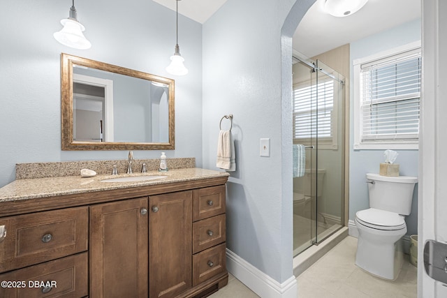 bathroom with tile patterned floors, vanity, toilet, and a shower with door