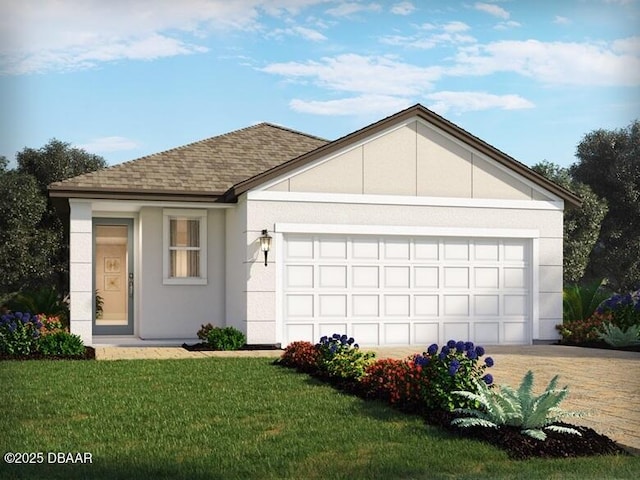 173 Links Terrace Blvd, Daytona Beach, FL 32124 - ranch-style house with a garage, a front yard, roof with shingles, driveway, and stucco siding
