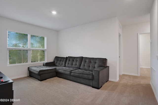 living room featuring light carpet