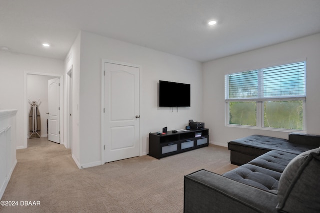 living room featuring light colored carpet