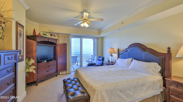 bedroom featuring ceiling fan, access to exterior, light carpet, and ornamental molding