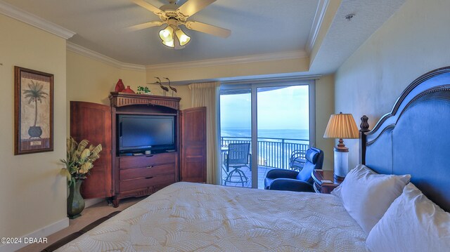 bedroom featuring access to outside, ceiling fan, and ornamental molding