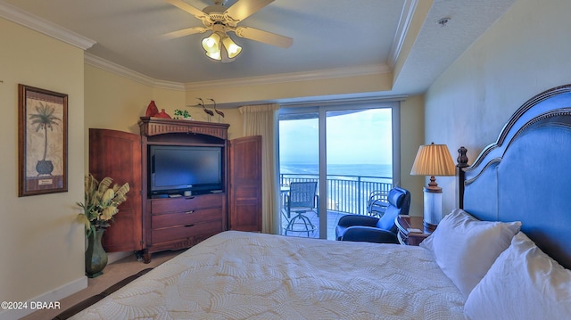 2403 S Atlantic Ave Unit 1210, Daytona Beach Shores, FL 32118 - bedroom with access to outside, baseboards, crown molding, and a ceiling fan