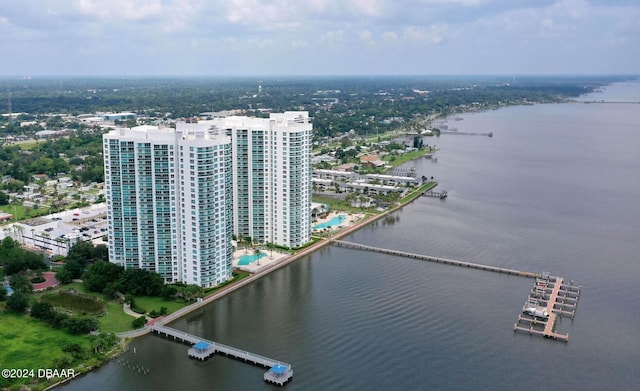 drone / aerial view featuring a water view