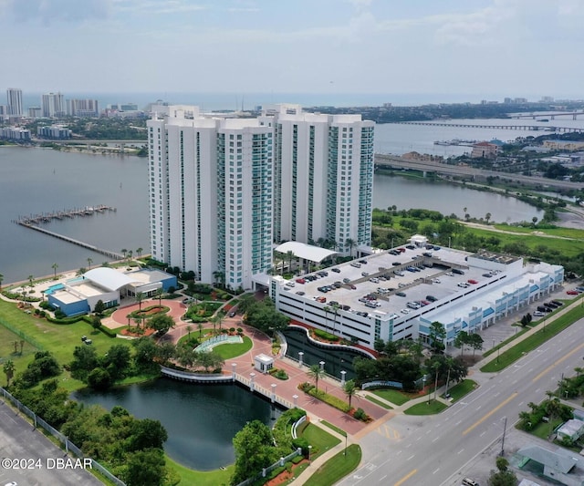 bird's eye view with a water view