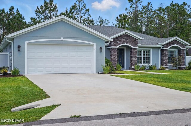 70 Esperanto Dr, Palm Coast, FL 32164 - single story home featuring stone siding, a front yard, a garage, driveway, and stucco siding